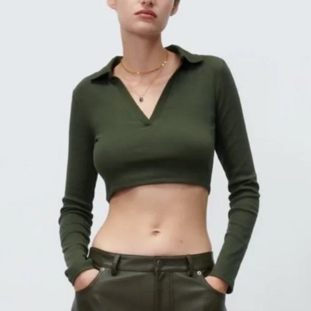 Zara Ribbed V-Neck Long Sleeve Polo Crop Top Olive Green S